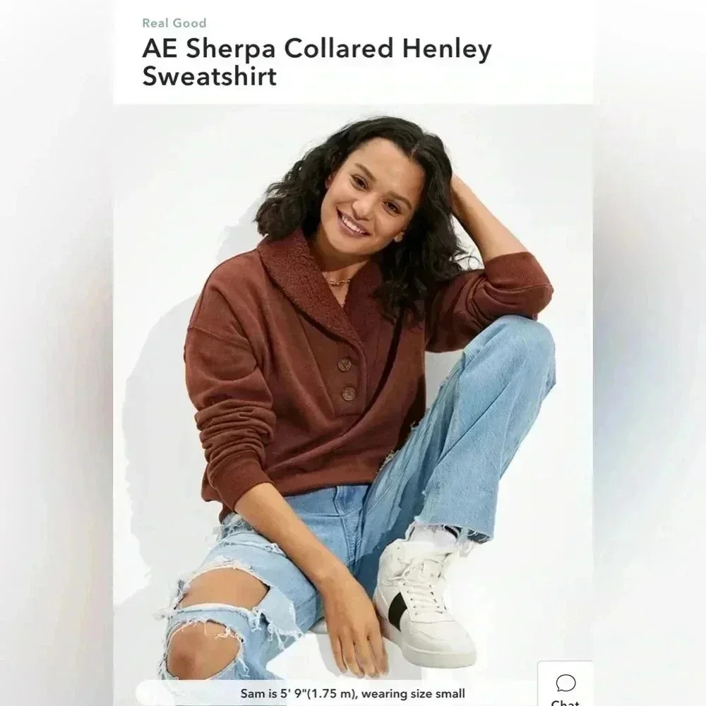 New American Eagle Real Good Sherpa Collared Henley Sweatshirt